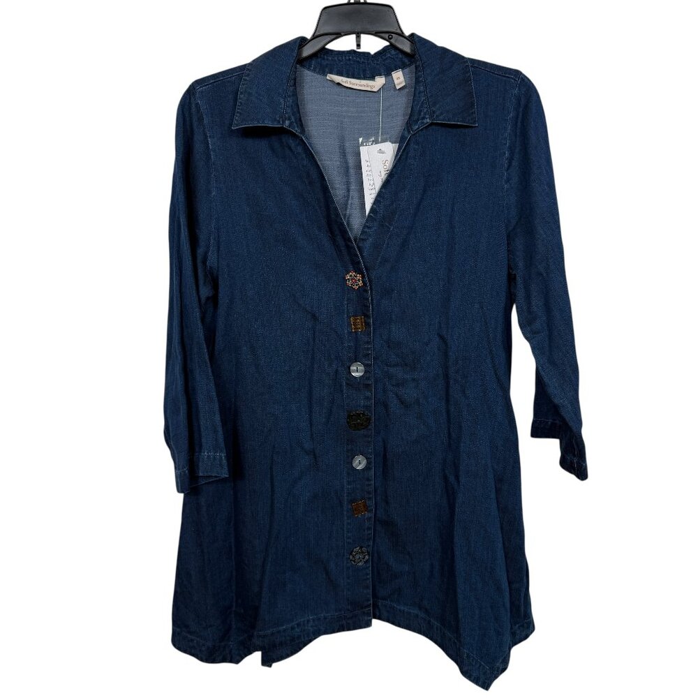 Soft Surroundings Tunic Top XS Chambray Dark Blue Sharkbite Boho Artsy Lyocell
